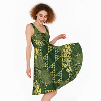 Green Aloha Hawaii Midi Dress Hawaiian Kakau Ohia Lehua Lei LT14 - Polynesian Pride
