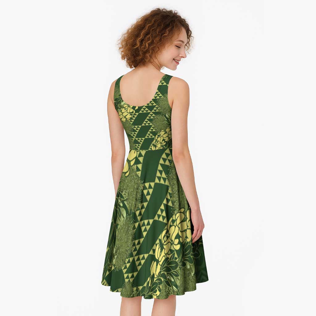 Green Aloha Hawaii Midi Dress Hawaiian Kakau Ohia Lehua Lei LT14 - Polynesian Pride