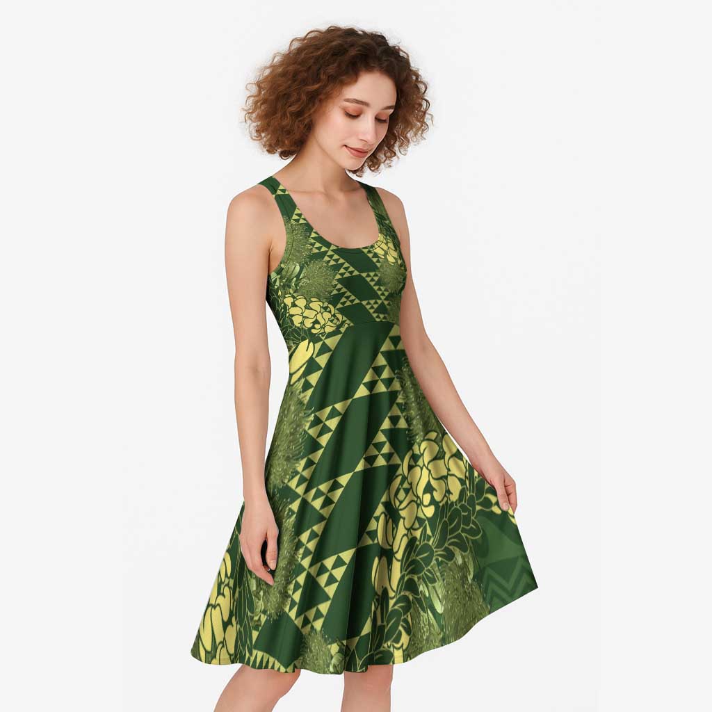 Green Aloha Hawaii Midi Dress Hawaiian Kakau Ohia Lehua Lei LT14 - Polynesian Pride
