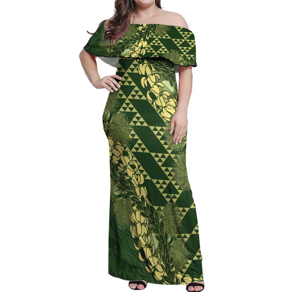 Green Aloha Hawaii Off Shoulder Maxi Dress Hawaiian Kakau Ohia Lehua Lei LT14 Women Green - Polynesian Pride