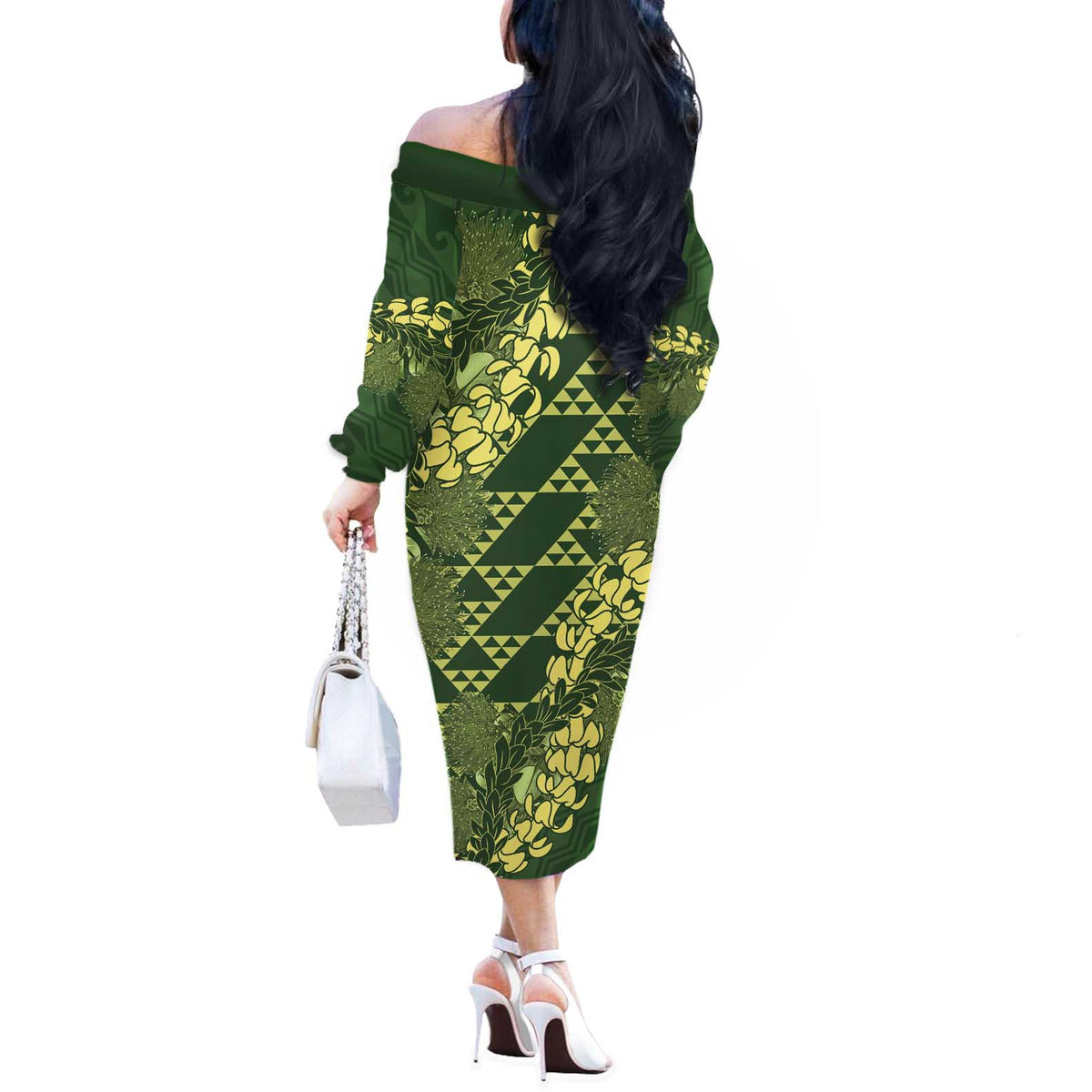 Green Aloha Hawaii Off The Shoulder Long Sleeve Dress Hawaiian Kakau Ohia Lehua Lei LT14 - Polynesian Pride