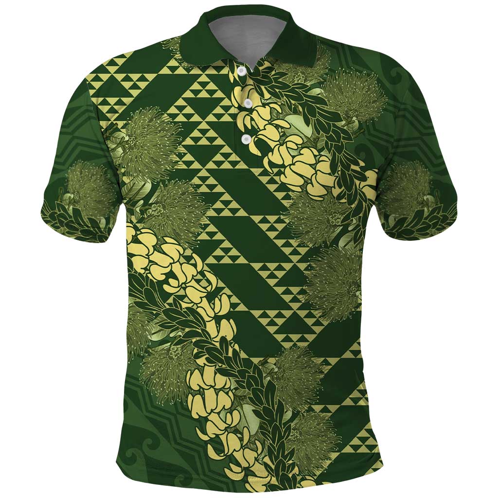 Green Aloha Hawaii Polo Shirt Hawaiian Kakau Ohia Lehua Lei LT14 Green - Polynesian Pride