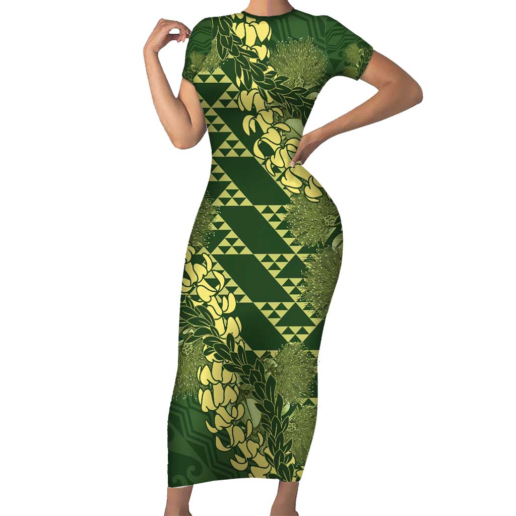 Green Aloha Hawaii Short Sleeve Bodycon Dress Hawaiian Kakau Ohia Lehua Lei LT14 Long Dress Green - Polynesian Pride