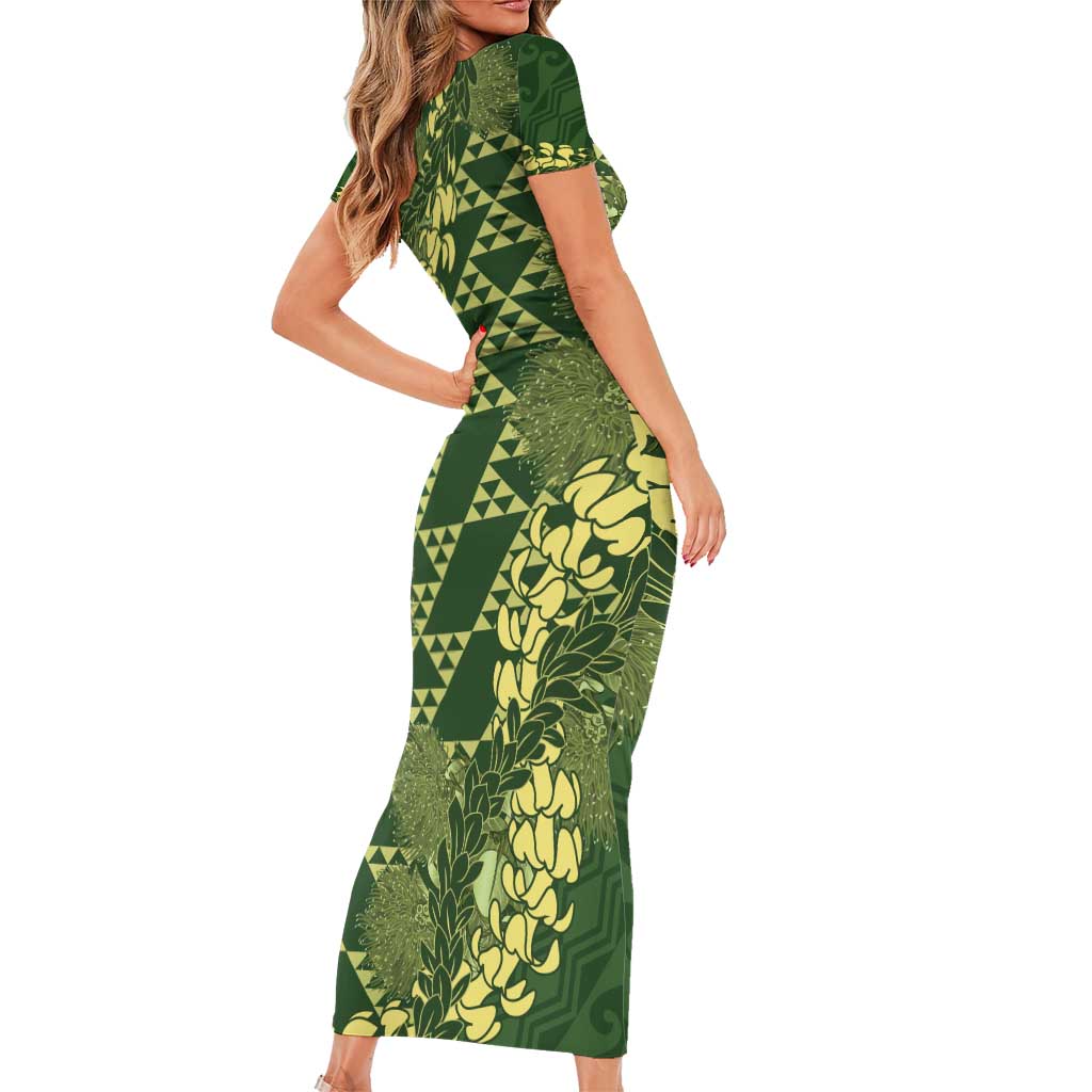 Green Aloha Hawaii Short Sleeve Bodycon Dress Hawaiian Kakau Ohia Lehua Lei LT14 - Polynesian Pride