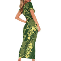 Green Aloha Hawaii Short Sleeve Bodycon Dress Hawaiian Kakau Ohia Lehua Lei LT14 - Polynesian Pride