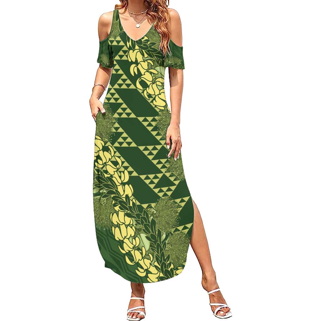 Green Aloha Hawaii Summer Maxi Dress Hawaiian Kakau Ohia Lehua Lei LT14 Women Green - Polynesian Pride