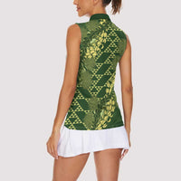 Green Aloha Hawaii Women Sleeveless Polo Shirt Hawaiian Kakau Ohia Lehua Lei LT14 - Polynesian Pride