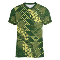 Green Aloha Hawaii Women V-Neck T-Shirt Hawaiian Kakau Ohia Lehua Lei LT14 Female Green - Polynesian Pride