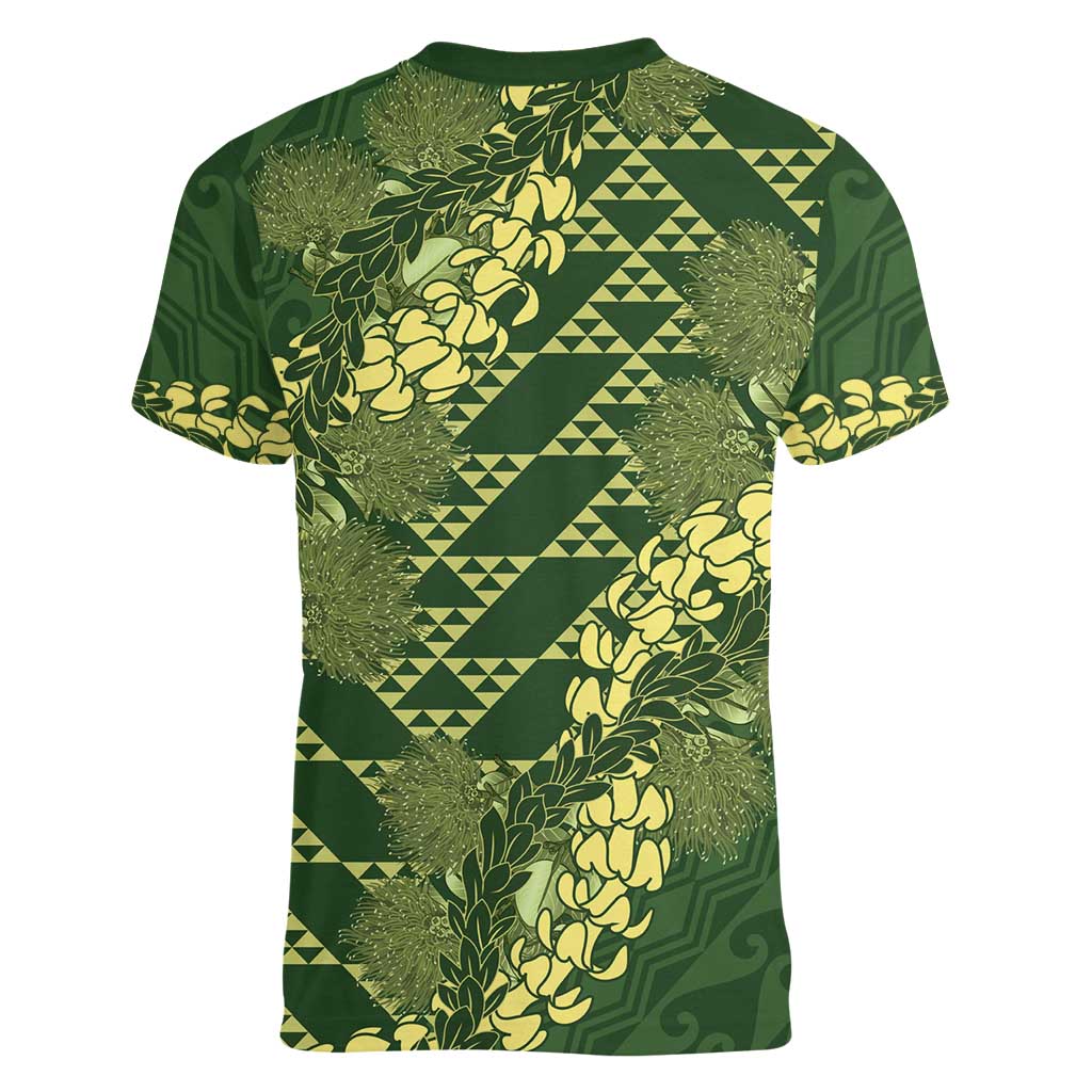 Green Aloha Hawaii Women V-Neck T-Shirt Hawaiian Kakau Ohia Lehua Lei LT14 - Polynesian Pride