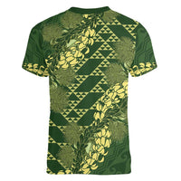 Green Aloha Hawaii Women V-Neck T-Shirt Hawaiian Kakau Ohia Lehua Lei LT14 - Polynesian Pride