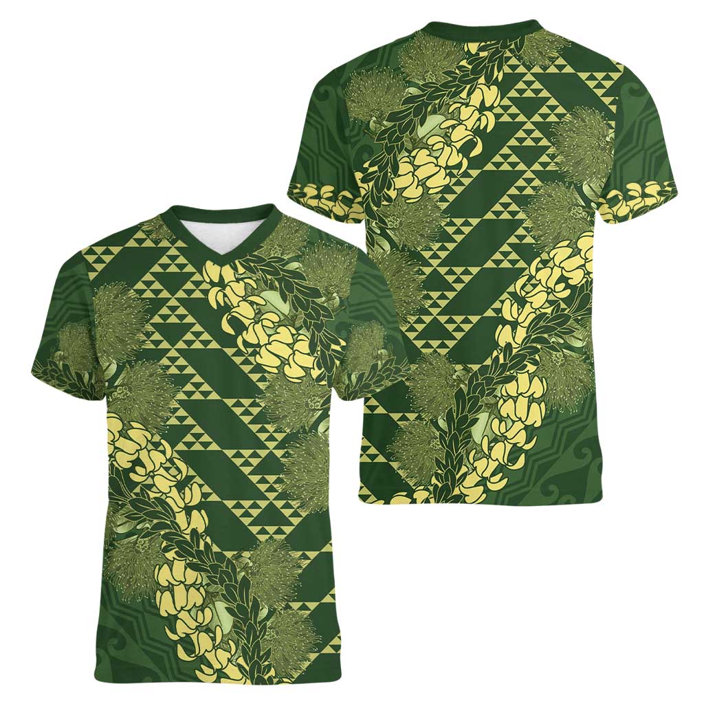 Green Aloha Hawaii Women V-Neck T-Shirt Hawaiian Kakau Ohia Lehua Lei LT14 - Polynesian Pride