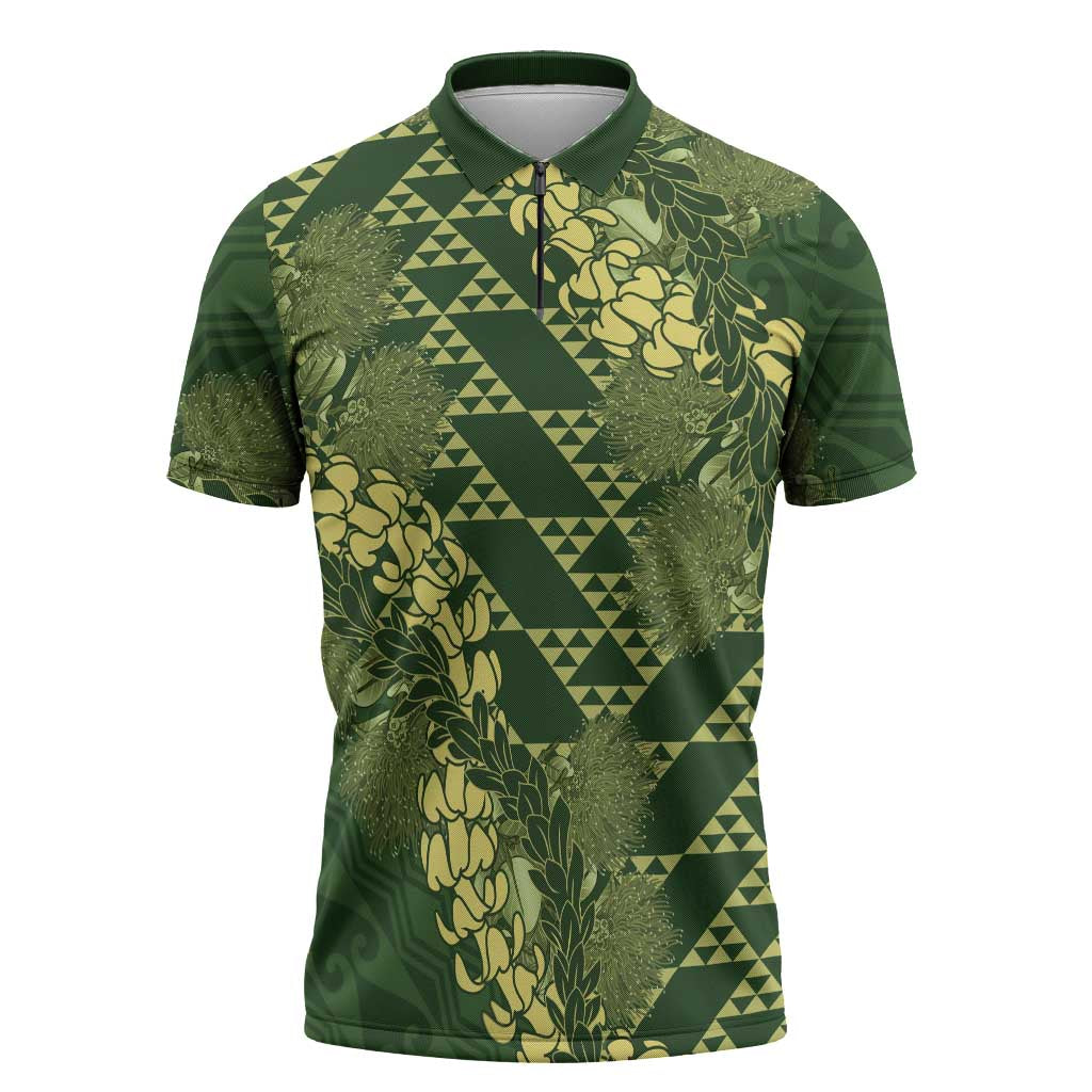 Green Aloha Hawaii Zipper Polo Shirt Hawaiian Kakau Ohia Lehua Lei LT14 Green - Polynesian Pride
