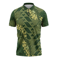 Green Aloha Hawaii Zipper Polo Shirt Hawaiian Kakau Ohia Lehua Lei LT14 Green - Polynesian Pride