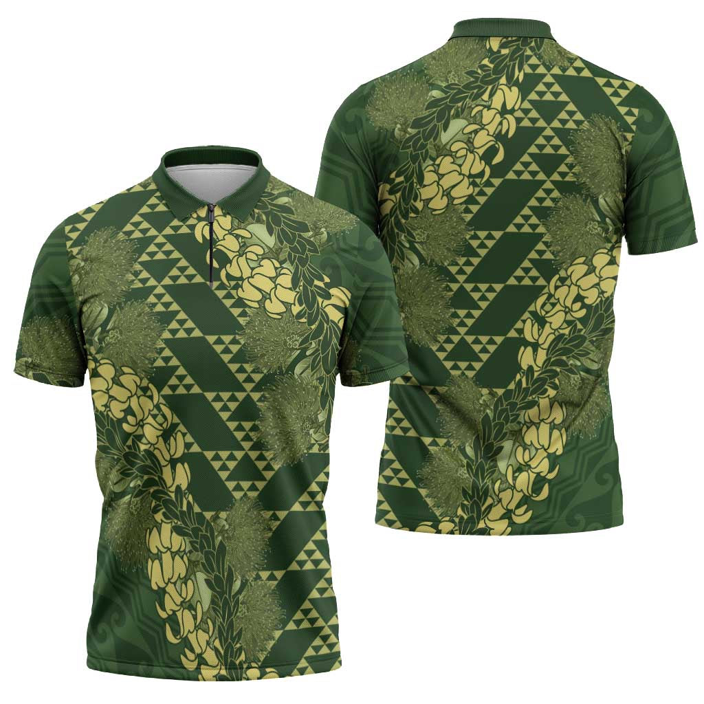 Green Aloha Hawaii Zipper Polo Shirt Hawaiian Kakau Ohia Lehua Lei LT14 - Polynesian Pride
