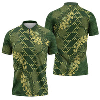 Green Aloha Hawaii Zipper Polo Shirt Hawaiian Kakau Ohia Lehua Lei LT14 - Polynesian Pride