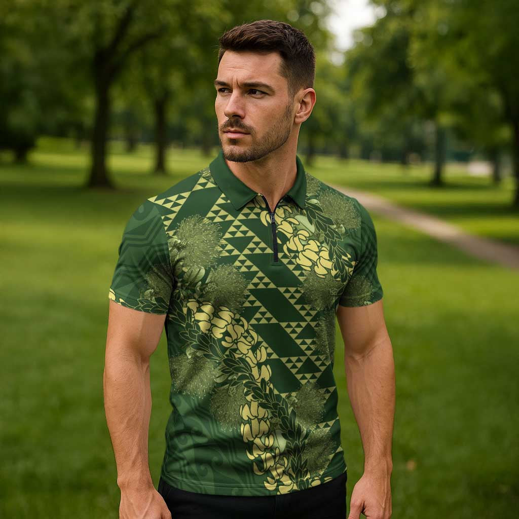 Green Aloha Hawaii Zipper Polo Shirt Hawaiian Kakau Ohia Lehua Lei LT14 - Polynesian Pride
