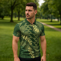 Green Aloha Hawaii Zipper Polo Shirt Hawaiian Kakau Ohia Lehua Lei LT14 - Polynesian Pride