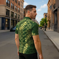 Green Aloha Hawaii Zipper Polo Shirt Hawaiian Kakau Ohia Lehua Lei LT14 - Polynesian Pride