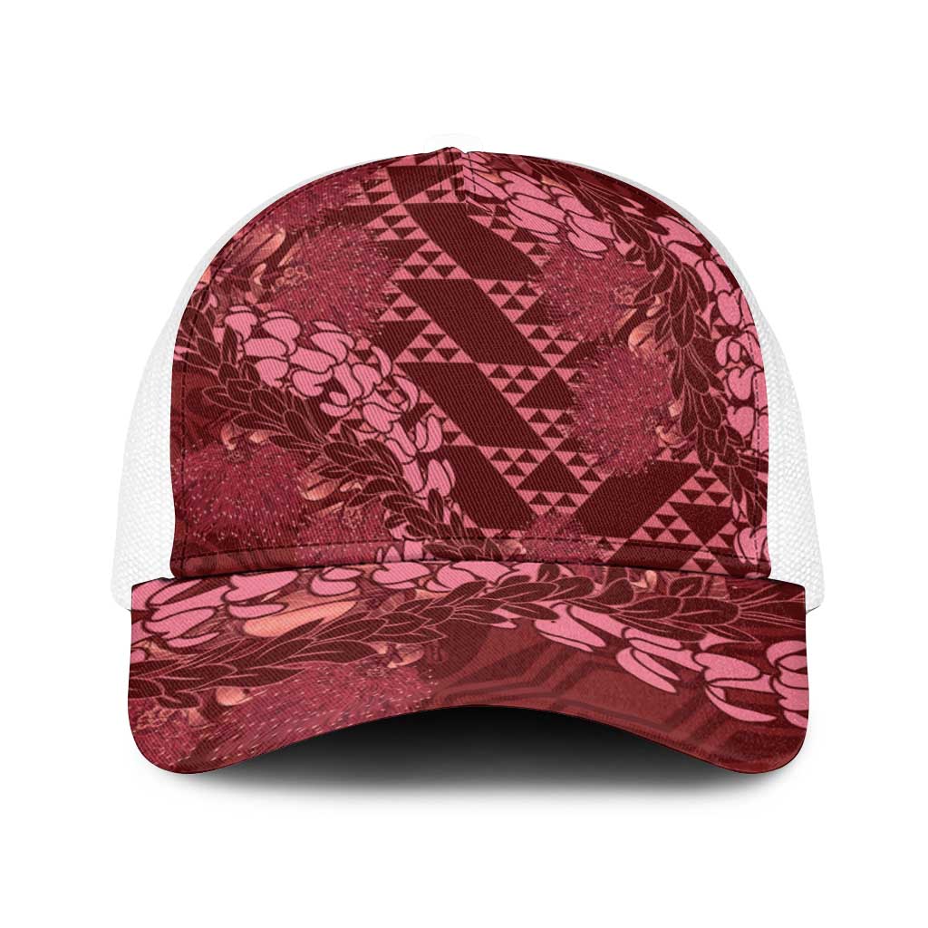 Maroon Aloha Hawaii Baseball Net Cap Hawaiian Kakau Ohia Lehua Lei - Polynesian Pride