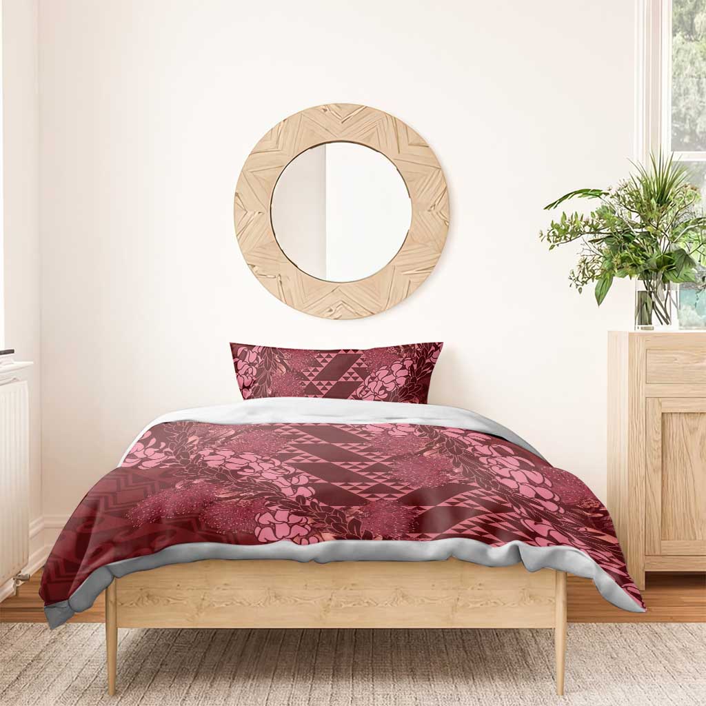 Maroon Aloha Hawaii Bedding Set Hawaiian Kakau Ohia Lehua Lei - Polynesian Pride
