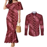 Maroon Aloha Hawaii Couples Matching Mermaid Dress and Long Sleeve Button Shirt Hawaiian Kakau Ohia Lehua Lei LT14 Maroon - Polynesian Pride