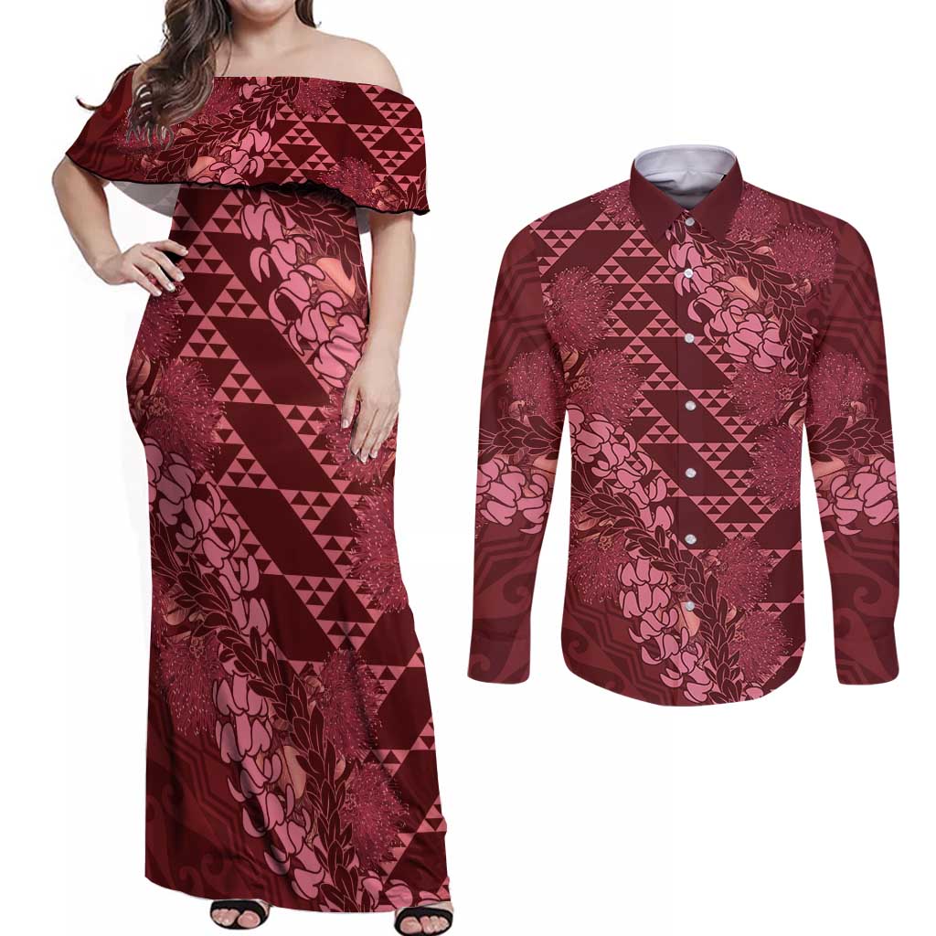 Maroon Aloha Hawaii Couples Matching Off Shoulder Maxi Dress and Long Sleeve Button Shirt Hawaiian Kakau Ohia Lehua Lei LT14 Maroon - Polynesian Pride