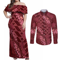 Maroon Aloha Hawaii Couples Matching Off Shoulder Maxi Dress and Long Sleeve Button Shirt Hawaiian Kakau Ohia Lehua Lei LT14 Maroon - Polynesian Pride