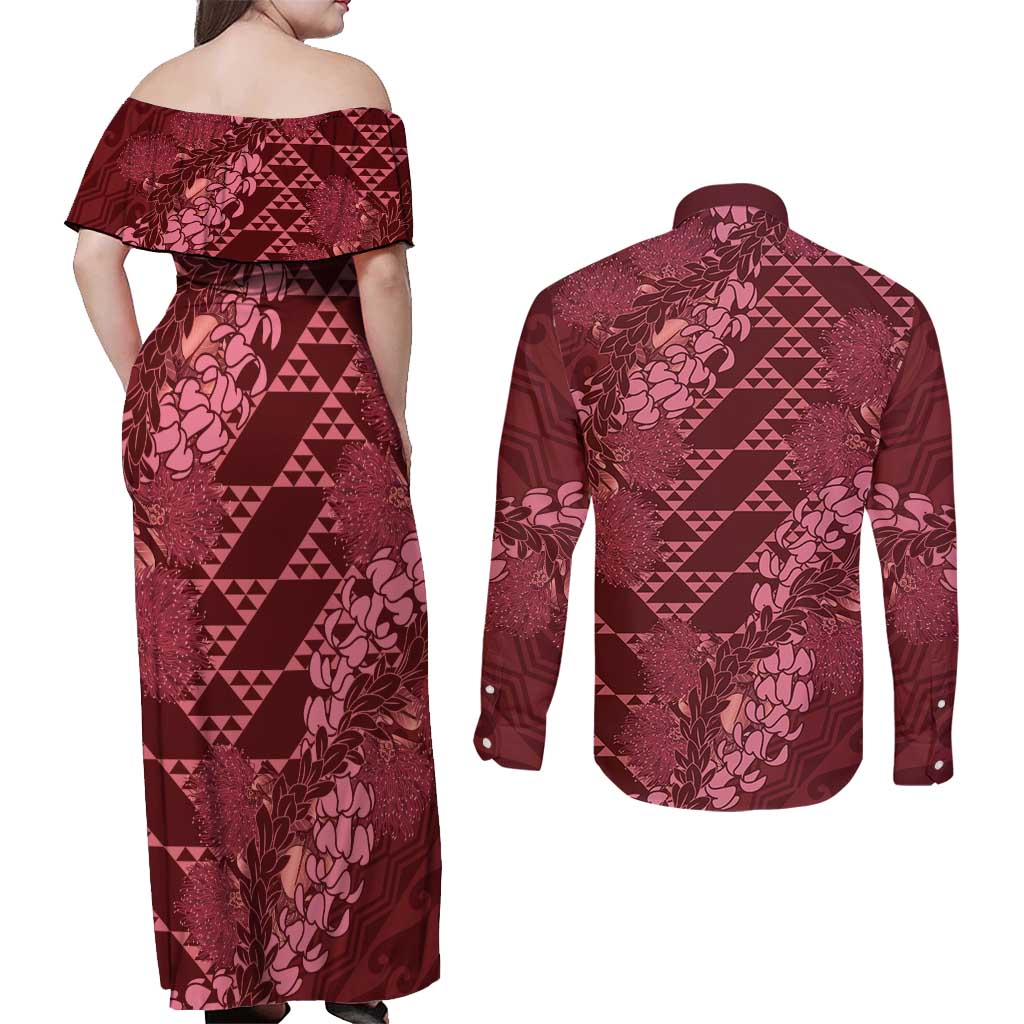 Maroon Aloha Hawaii Couples Matching Off Shoulder Maxi Dress and Long Sleeve Button Shirt Hawaiian Kakau Ohia Lehua Lei LT14 - Polynesian Pride
