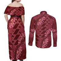 Maroon Aloha Hawaii Couples Matching Off Shoulder Maxi Dress and Long Sleeve Button Shirt Hawaiian Kakau Ohia Lehua Lei LT14 - Polynesian Pride