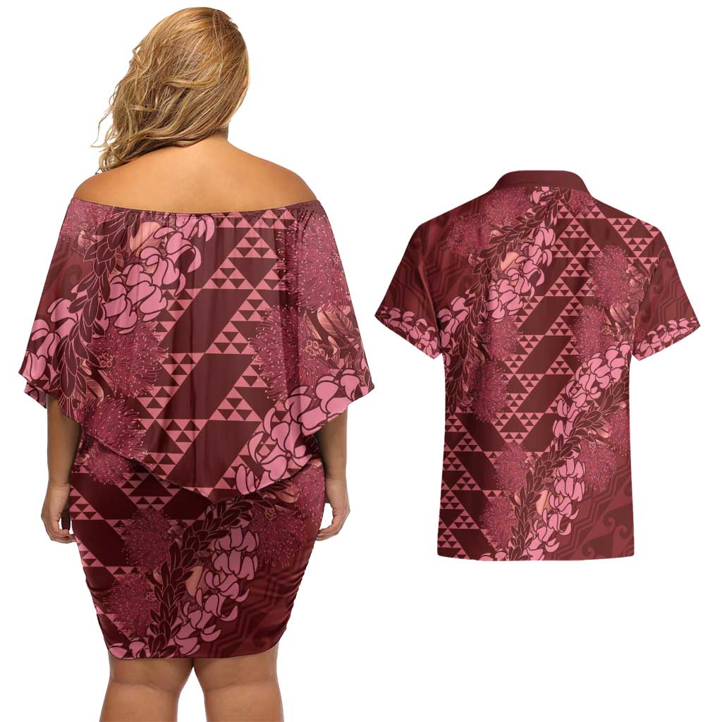 Maroon Aloha Hawaii Couples Matching Off Shoulder Short Dress and Hawaiian Shirt Hawaiian Kakau Ohia Lehua Lei LT14 - Polynesian Pride