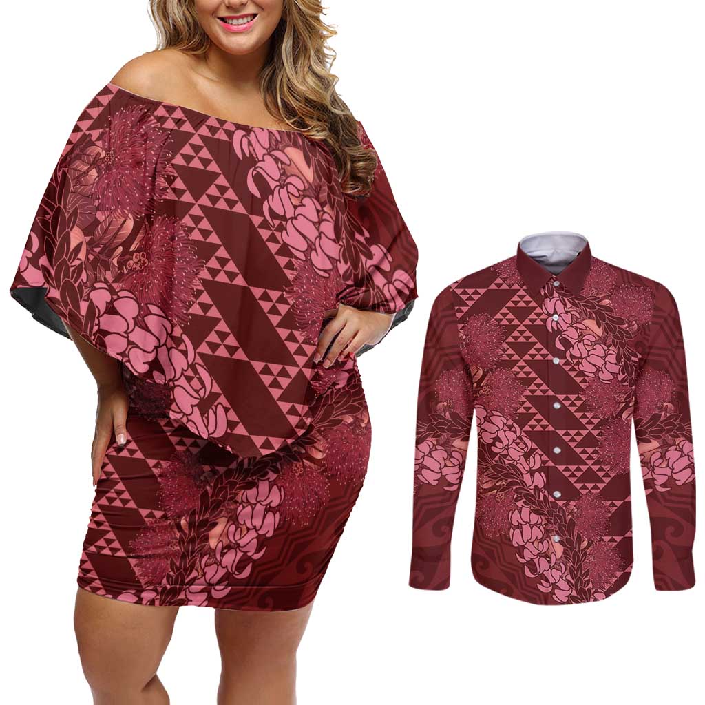 Maroon Aloha Hawaii Couples Matching Off Shoulder Short Dress and Long Sleeve Button Shirt Hawaiian Kakau Ohia Lehua Lei LT14 Maroon - Polynesian Pride