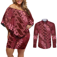 Maroon Aloha Hawaii Couples Matching Off Shoulder Short Dress and Long Sleeve Button Shirt Hawaiian Kakau Ohia Lehua Lei LT14 Maroon - Polynesian Pride