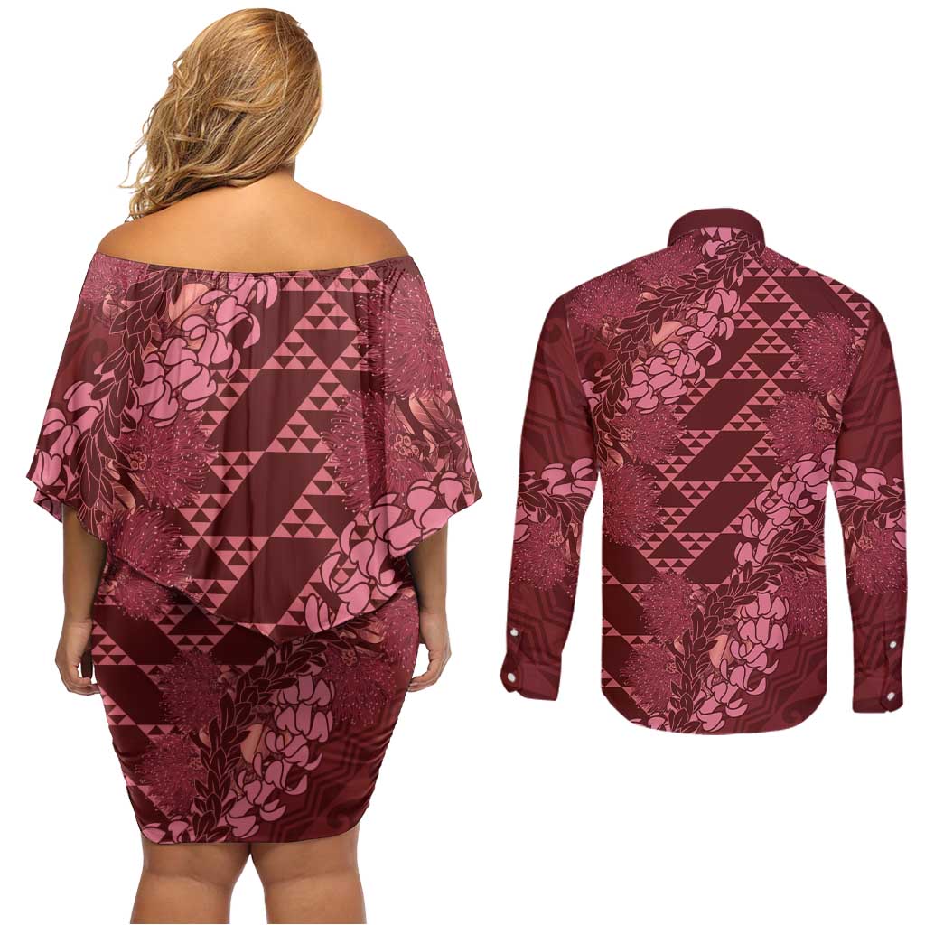 Maroon Aloha Hawaii Couples Matching Off Shoulder Short Dress and Long Sleeve Button Shirt Hawaiian Kakau Ohia Lehua Lei LT14 - Polynesian Pride