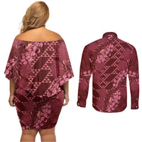Maroon Aloha Hawaii Couples Matching Off Shoulder Short Dress and Long Sleeve Button Shirt Hawaiian Kakau Ohia Lehua Lei LT14 - Polynesian Pride