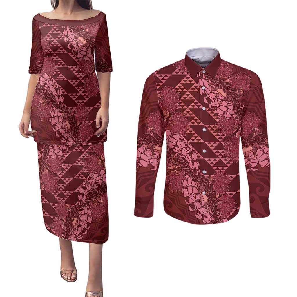 Maroon Aloha Hawaii Couples Matching Puletasi and Long Sleeve Button Shirt Hawaiian Kakau Ohia Lehua Lei LT14 Maroon - Polynesian Pride