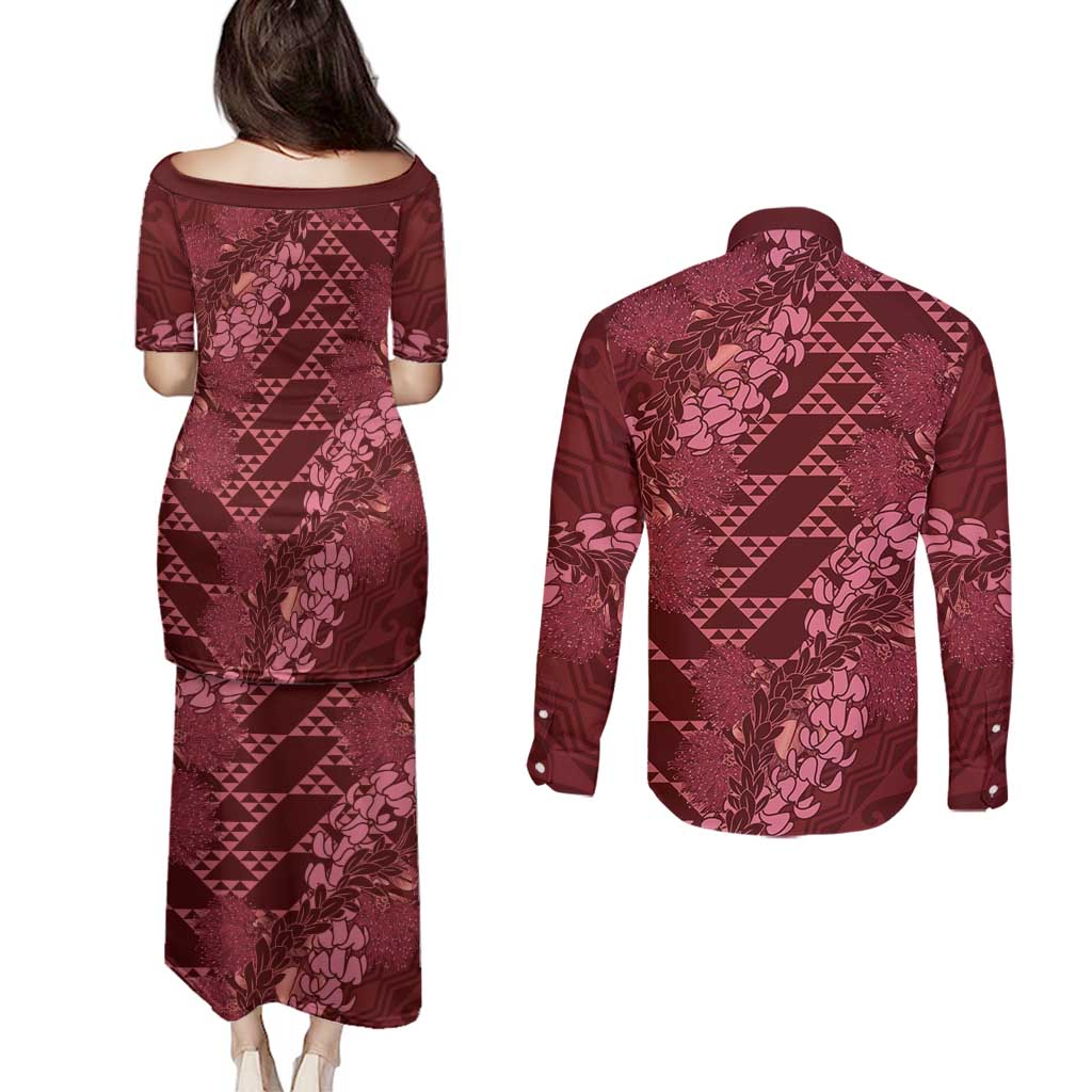 Maroon Aloha Hawaii Couples Matching Puletasi and Long Sleeve Button Shirt Hawaiian Kakau Ohia Lehua Lei LT14 - Polynesian Pride
