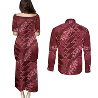 Maroon Aloha Hawaii Couples Matching Puletasi and Long Sleeve Button Shirt Hawaiian Kakau Ohia Lehua Lei LT14 - Polynesian Pride