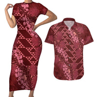 Maroon Aloha Hawaii Couples Matching Short Sleeve Bodycon Dress and Hawaiian Shirt Hawaiian Kakau Ohia Lehua Lei LT14 Maroon - Polynesian Pride