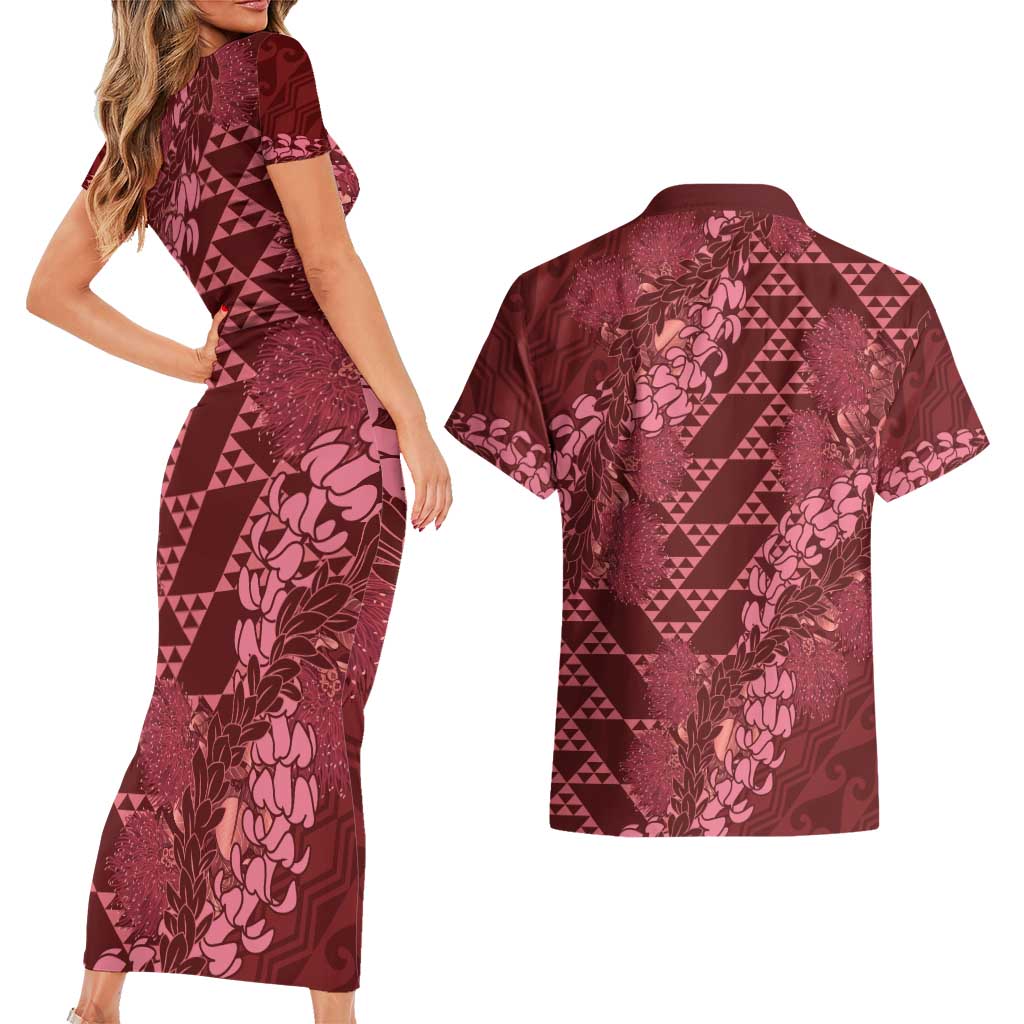 Maroon Aloha Hawaii Couples Matching Short Sleeve Bodycon Dress and Hawaiian Shirt Hawaiian Kakau Ohia Lehua Lei LT14 - Polynesian Pride