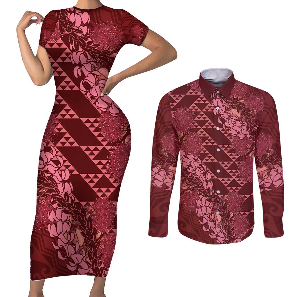 Maroon Aloha Hawaii Couples Matching Short Sleeve Bodycon Dress and Long Sleeve Button Shirt Hawaiian Kakau Ohia Lehua Lei LT14 Maroon - Polynesian Pride