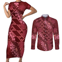 Maroon Aloha Hawaii Couples Matching Short Sleeve Bodycon Dress and Long Sleeve Button Shirt Hawaiian Kakau Ohia Lehua Lei LT14 Maroon - Polynesian Pride