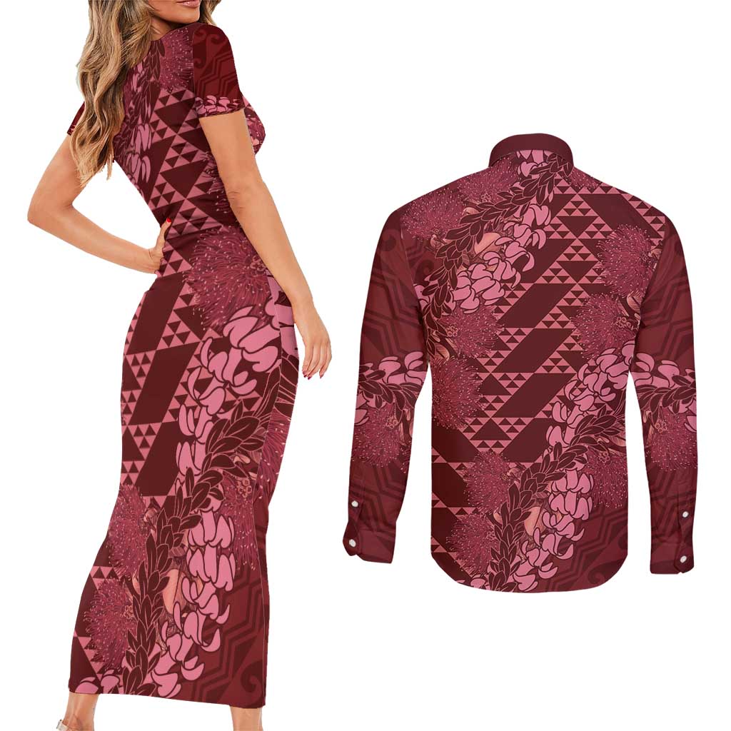 Maroon Aloha Hawaii Couples Matching Short Sleeve Bodycon Dress and Long Sleeve Button Shirt Hawaiian Kakau Ohia Lehua Lei LT14 - Polynesian Pride