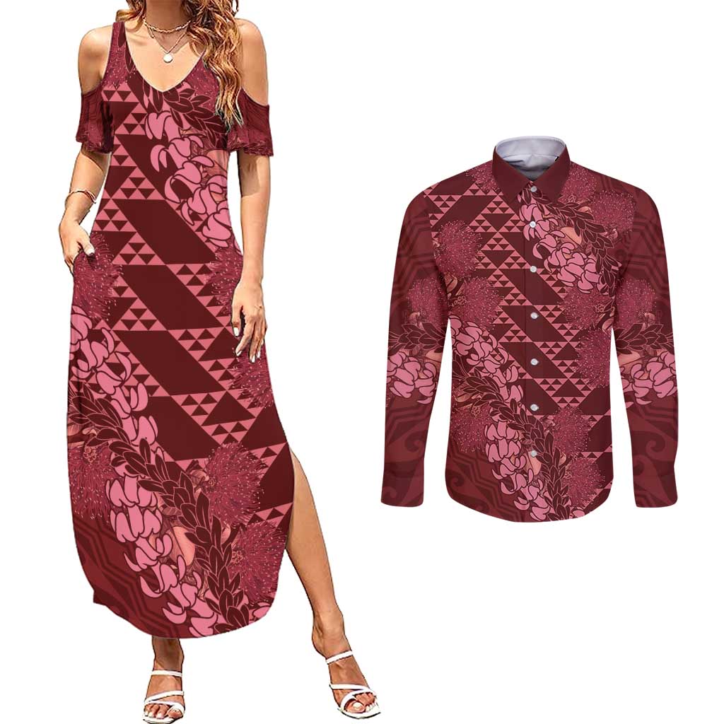 Maroon Aloha Hawaii Couples Matching Summer Maxi Dress and Long Sleeve Button Shirt Hawaiian Kakau Ohia Lehua Lei LT14 Maroon - Polynesian Pride