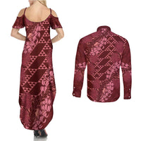 Maroon Aloha Hawaii Couples Matching Summer Maxi Dress and Long Sleeve Button Shirt Hawaiian Kakau Ohia Lehua Lei LT14 - Polynesian Pride
