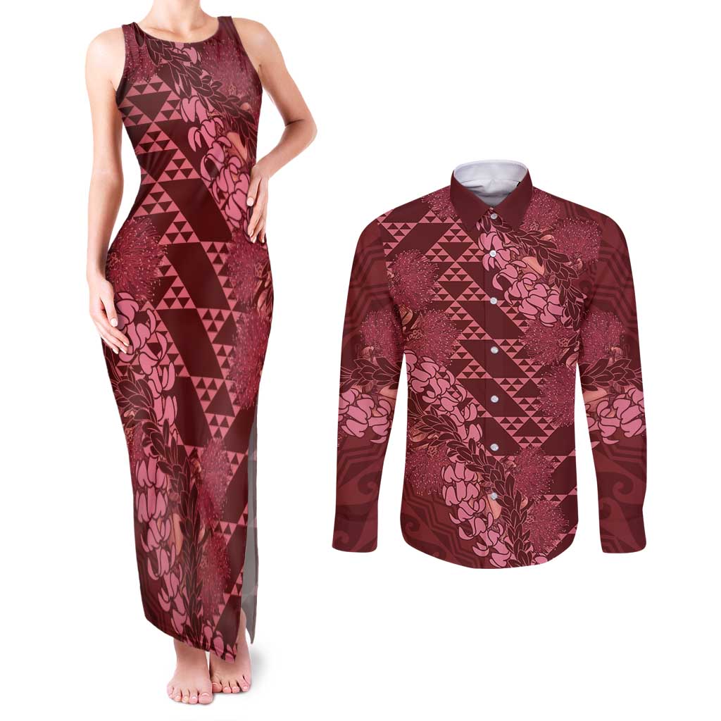 Maroon Aloha Hawaii Couples Matching Tank Maxi Dress and Long Sleeve Button Shirt Hawaiian Kakau Ohia Lehua Lei LT14 Maroon - Polynesian Pride