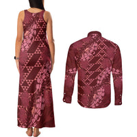 Maroon Aloha Hawaii Couples Matching Tank Maxi Dress and Long Sleeve Button Shirt Hawaiian Kakau Ohia Lehua Lei LT14 - Polynesian Pride