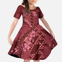 Maroon Aloha Hawaii Family Matching Long Sleeve Bodycon Dress and Hawaiian Shirt Hawaiian Kakau Ohia Lehua Lei LT14 Daughter's Dress Maroon - Polynesian Pride