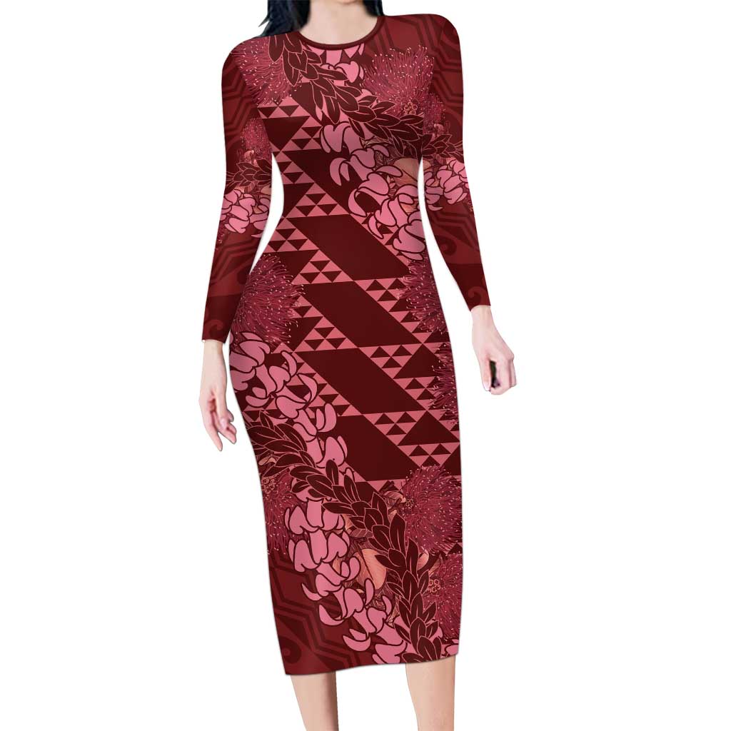 Maroon Aloha Hawaii Family Matching Long Sleeve Bodycon Dress and Hawaiian Shirt Hawaiian Kakau Ohia Lehua Lei LT14 Mom's Dress Maroon - Polynesian Pride