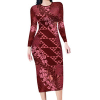 Maroon Aloha Hawaii Family Matching Long Sleeve Bodycon Dress and Hawaiian Shirt Hawaiian Kakau Ohia Lehua Lei LT14 Mom's Dress Maroon - Polynesian Pride