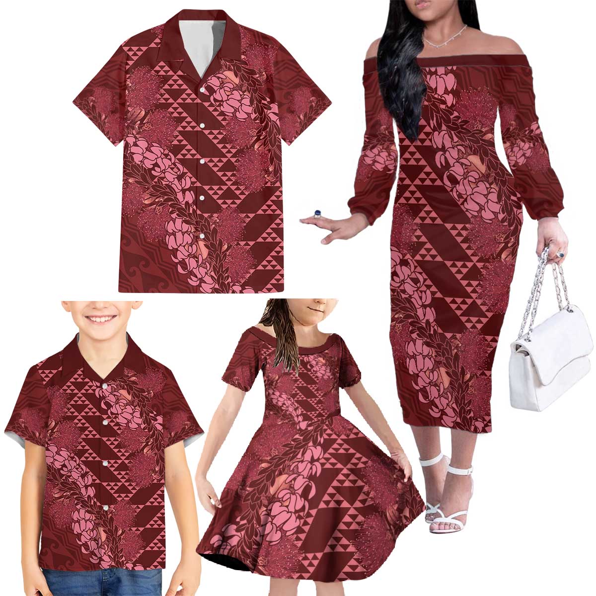 Maroon Aloha Hawaii Family Matching Off The Shoulder Long Sleeve Dress and Hawaiian Shirt Hawaiian Kakau Ohia Lehua Lei LT14 - Polynesian Pride